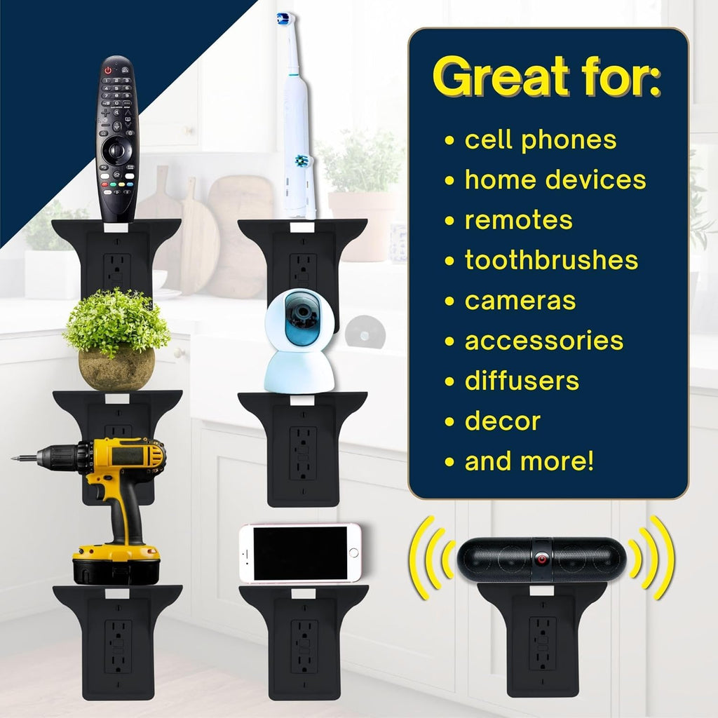 Power Perch Wall Outlet Shelf with Cord Storage Strap - Declutter & Reclaim Bathroom Counter Space - Alexa Stand, Apple Homepod Shelf, Toothbrush Holders Wall Mounted - Black, 2-Pack