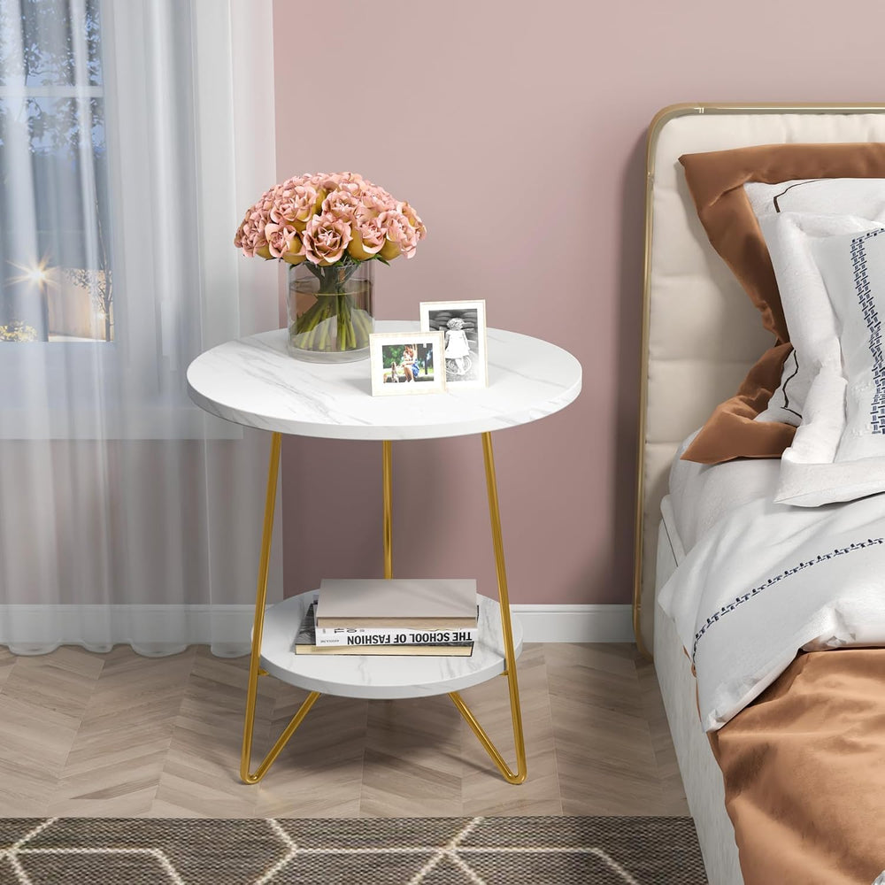 Tribesigns 2 Tier Round Side Table, Faux Marble End Table with Shelf, Small G...