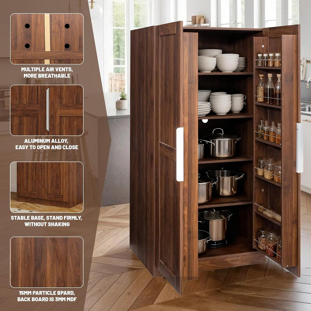 62.99'' Walnut Kitchen Pantry Cabinet Tall Freestanding Pantry Storag...