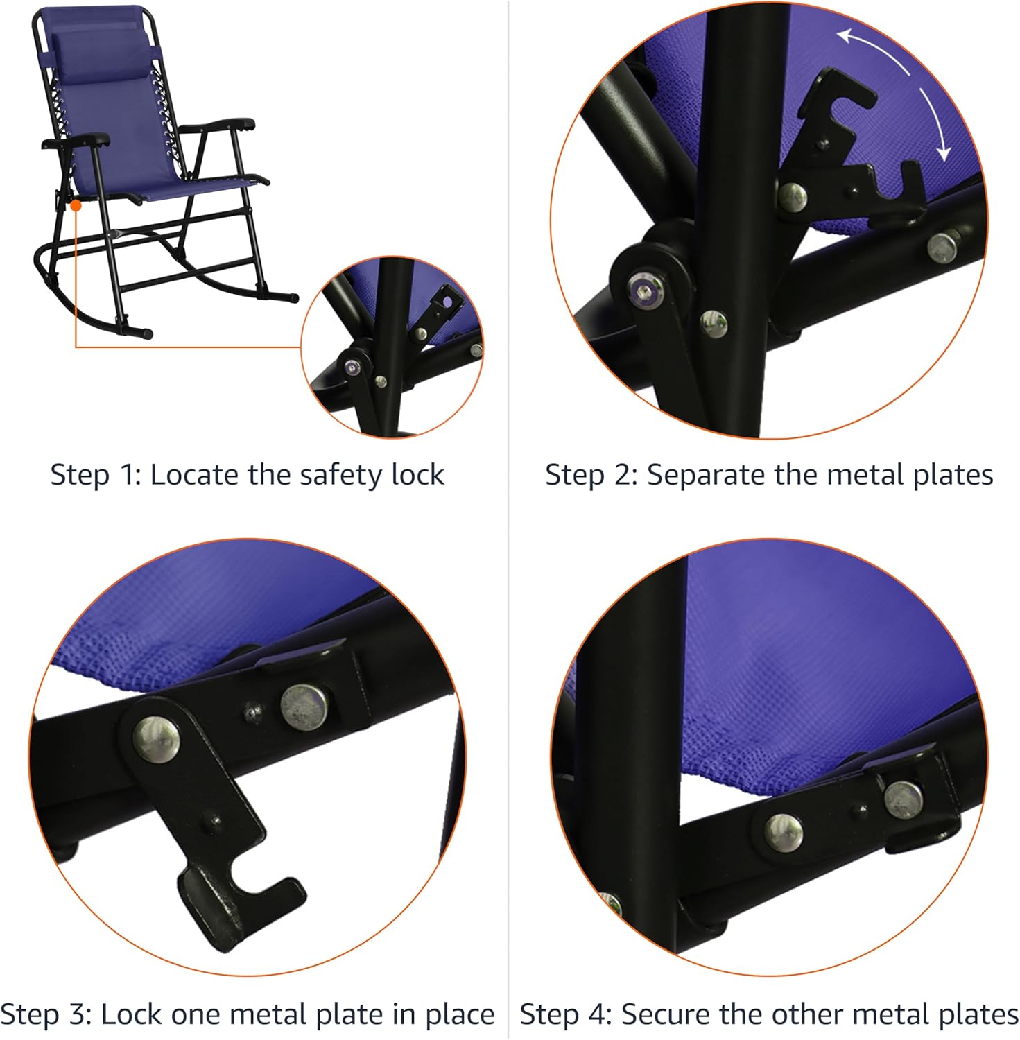 Amazon Basics Outdoor Portable Folding Rocking Chair with Headrest, Ergonomic Design, Weather-resistant Textilene Fabric for Porch, Blue