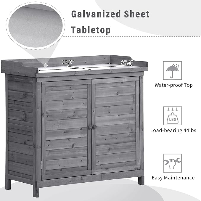 Merax Outdoor 39" Potting Bench Table, Rustic Garden Wood Workstation, Storage Cabinet with 2-Tier Shelves and Side Hook, Grey