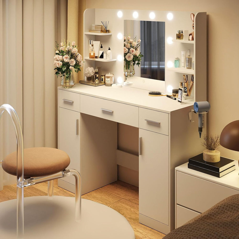 OLIXIS Vanity Desk with Mirror and LED Bulbs, Power Outlet Makeup Table with ...