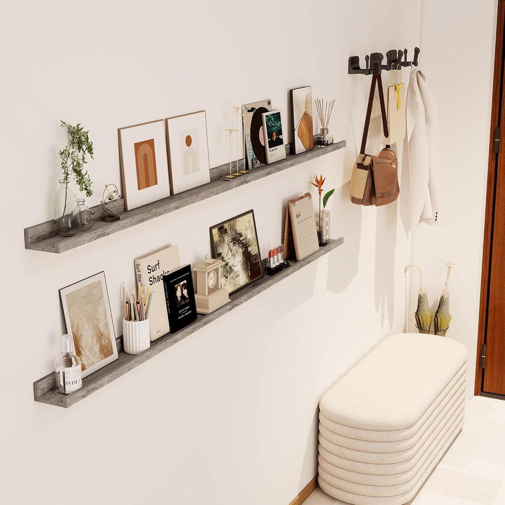 Axeman Grey Floating Shelves | 72 Inch Picture Ledge Shelf Set of 2 | Rustic Grey Picture Shelf for Wall with Ledge | Long Wall Shelves with Lip | Photo Ledge Shelves for Books Album Records