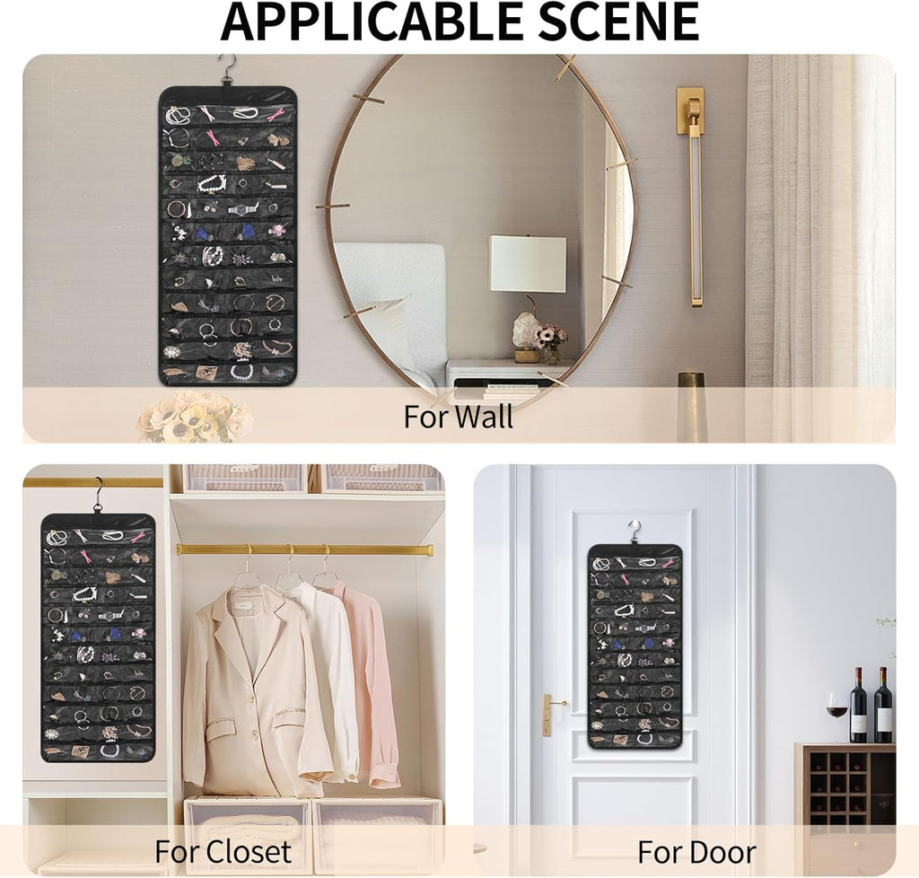 Bloss Hanging Jewelry Organizer with 48 Pockets, Double-Size Hanging Jewelry Holder with Hanger Hooks, Jewelry Organizers and Storage for Earrings, Necklaces and Rings.(All Black)