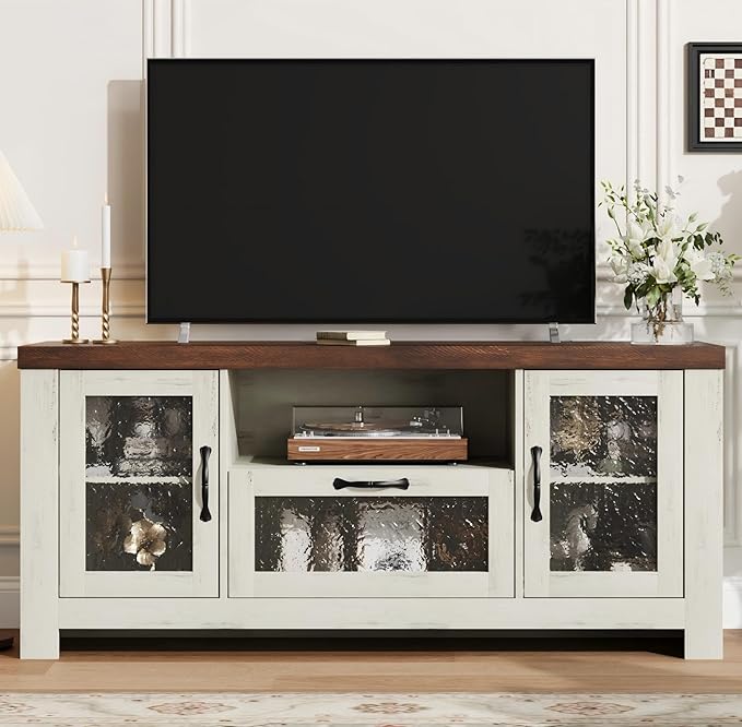 Garvee Farmhouse TV Stand for 55 Inch TV, Entertainment Center with Acrylic Door & Adjustable Shelves, Sideboard Buffet Storage Cabinet for Living Room Bedroom, White & Brown