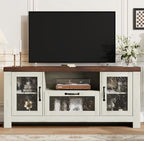 Garvee Farmhouse TV Stand for 55 Inch TV, Entertainment Center with Acrylic Door & Adjustable Shelves, Sideboard Buffet Storage Cabinet for Living Room Bedroom, White & Brown