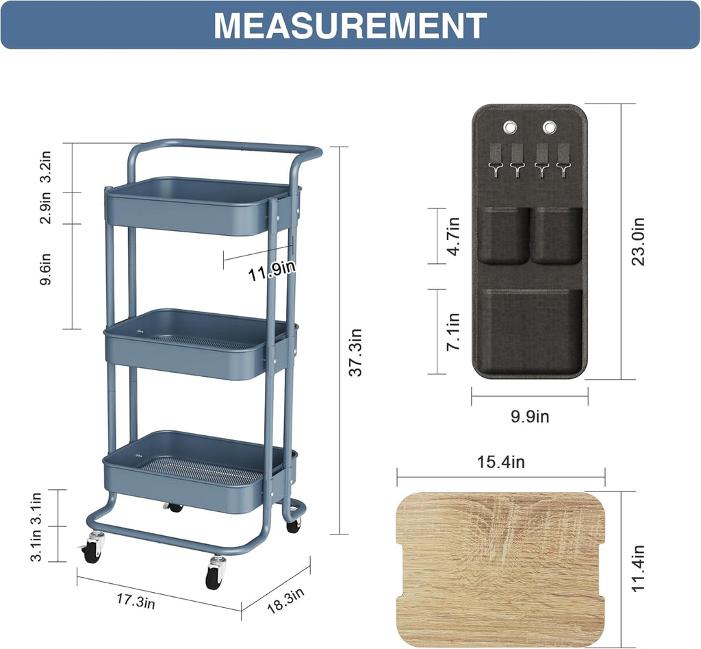 DTK 3 Tier Metal Utility Rolling Cart with Table Top and Side Bags, Metal Tray Storage Organizer Cart with Wheels, Art Craft Cart with 4 Hooks for Kitchen Bathroom Office Living Room (Blue)