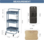 DTK 3 Tier Metal Utility Rolling Cart with Table Top and Side Bags, Metal Tray Storage Organizer Cart with Wheels, Art Craft Cart with 4 Hooks for Kitchen Bathroom Office Living Room (Blue)