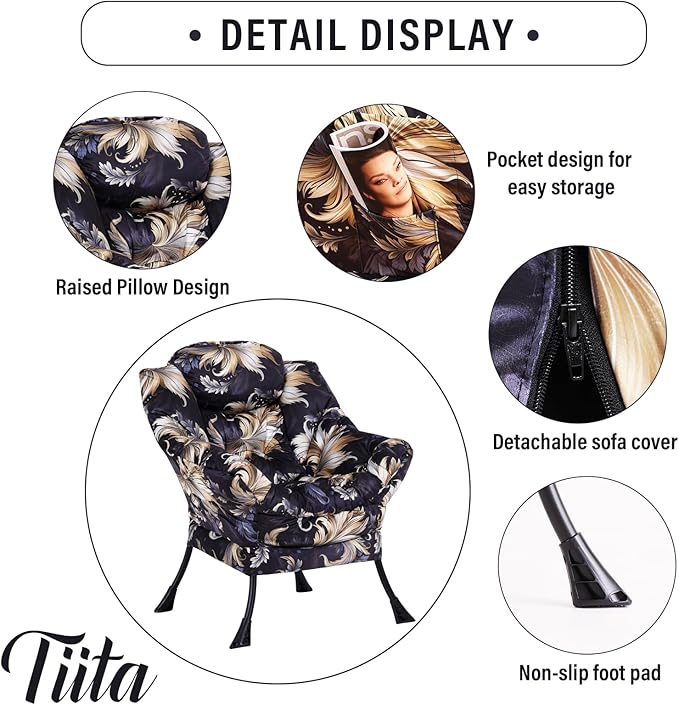Tiita Lazy Chair with Ottoman, Modern Large Accent Lounge Chair, Leisure Sofa Armchair with Ottoman, Reading Chair with Footrest for Bedroom, Living Room, Dorm Rooms, Garden and Courtyard