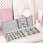 Jenseits Set of 4 Stackable Jewelry Organizer Trays for Drawers, Jewelry Drawer Inserts with Removable Dividers, Velvet Jewelry Container Display Case Storage for Earring Necklace Rings Bracelet, Grey