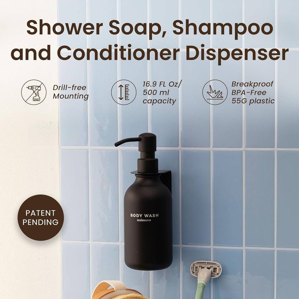 MaisoNovo Shampoo and Conditioner Dispenser - Shower Soap Dispenser Wall Mounted - 16.9 fl oz Set of 1 Black Plastic Bottles Black Pump - 1 Chamber No Drill