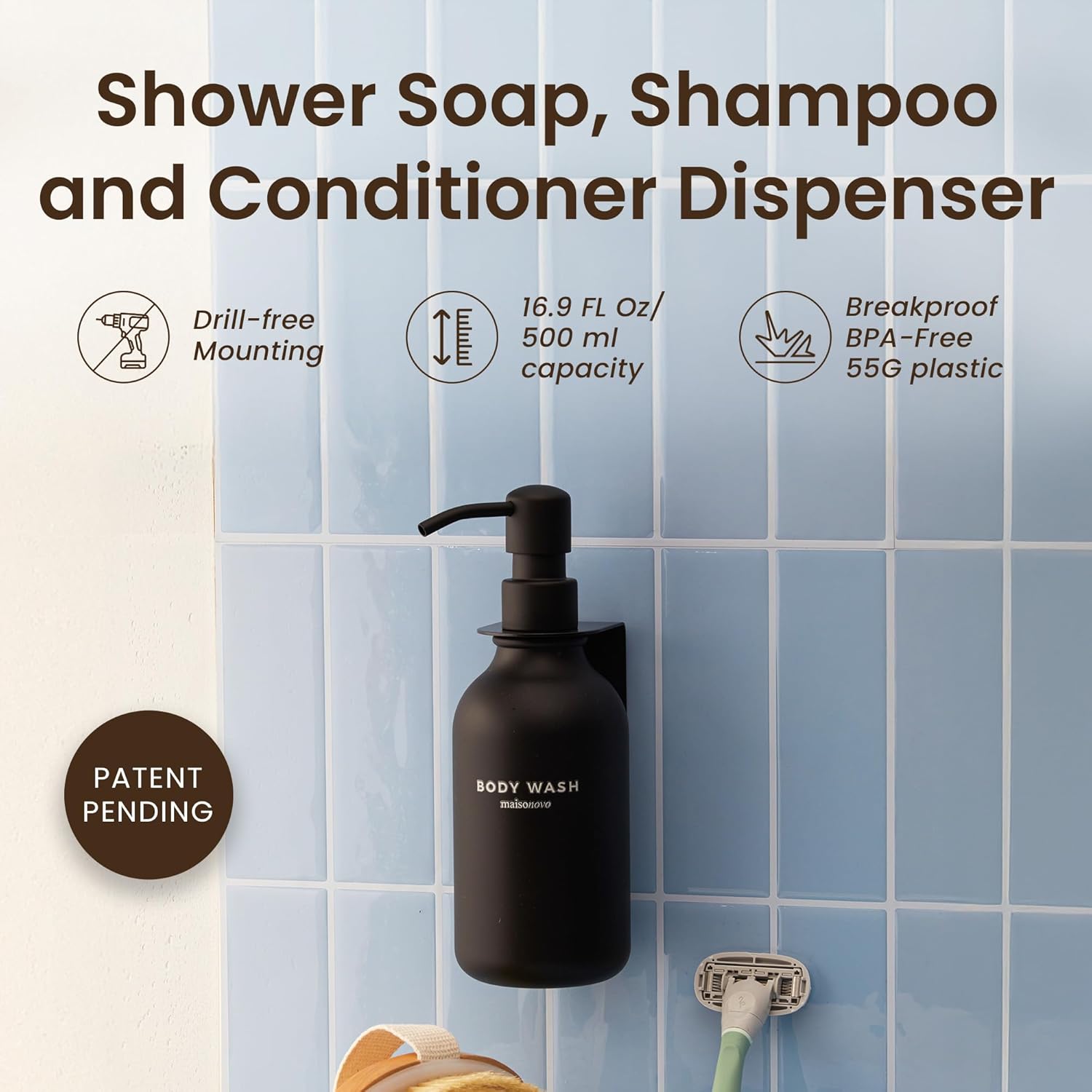 MaisoNovo Shampoo and Conditioner Dispenser - Shower Soap Dispenser Wall Mounted - 16.9 fl oz Set of 1 Black Plastic Bottles Black Pump - 1 Chamber No Drill