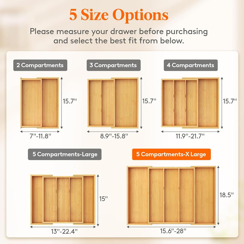 Lifewit Utensil Organizer for Kitchen Drawer, Expandable Cooking Utensil Tray, Cutlery Silverware Flatware Holder, Wood Adjustable Spatula Tools Storage Divider, 15.6-28 x 18.5, Natural