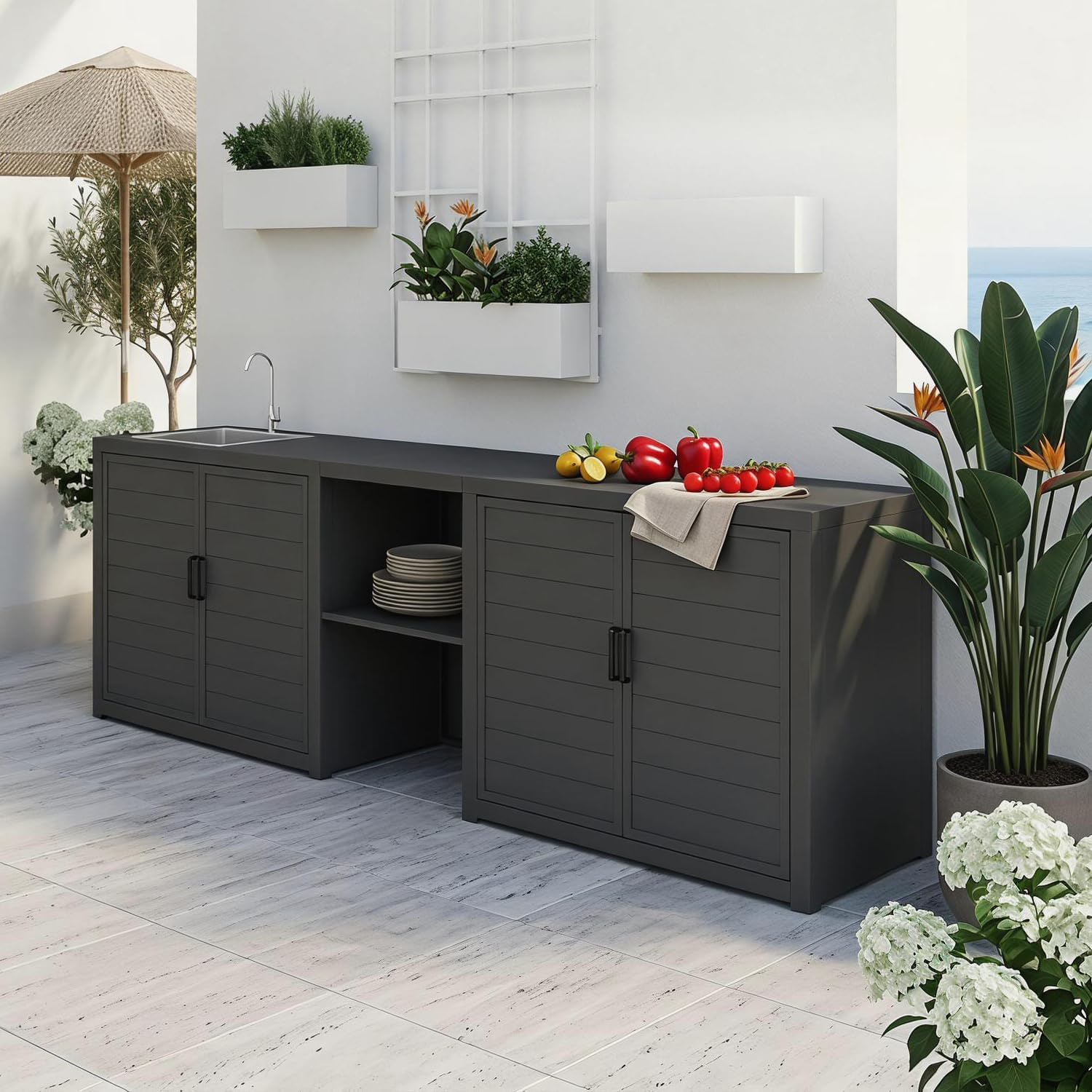 Domi Outdoor Kitchen Island with Sink, Aluminum Outdoor Kitchen Cabinet with Large Storage Space, Powder-Coated Weather Resistant Patio BBQ Prep Station with Drop-in Sink and Wide Countertop
