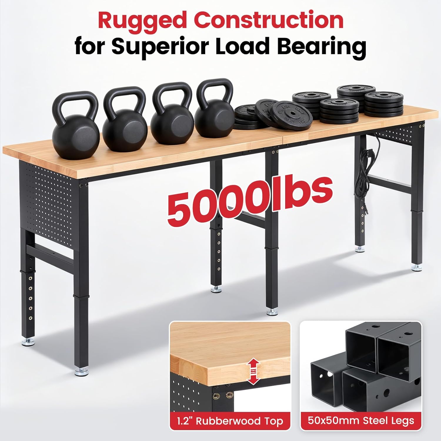 Workbench 96 x 24 Inch Adjustable Height Heavy Duty Work Table with Power Outlets & Extended Pegboard 5000 Lbs Load Capacity Rubber Wood Top Workstation for Garage, Workshop, Home, Office