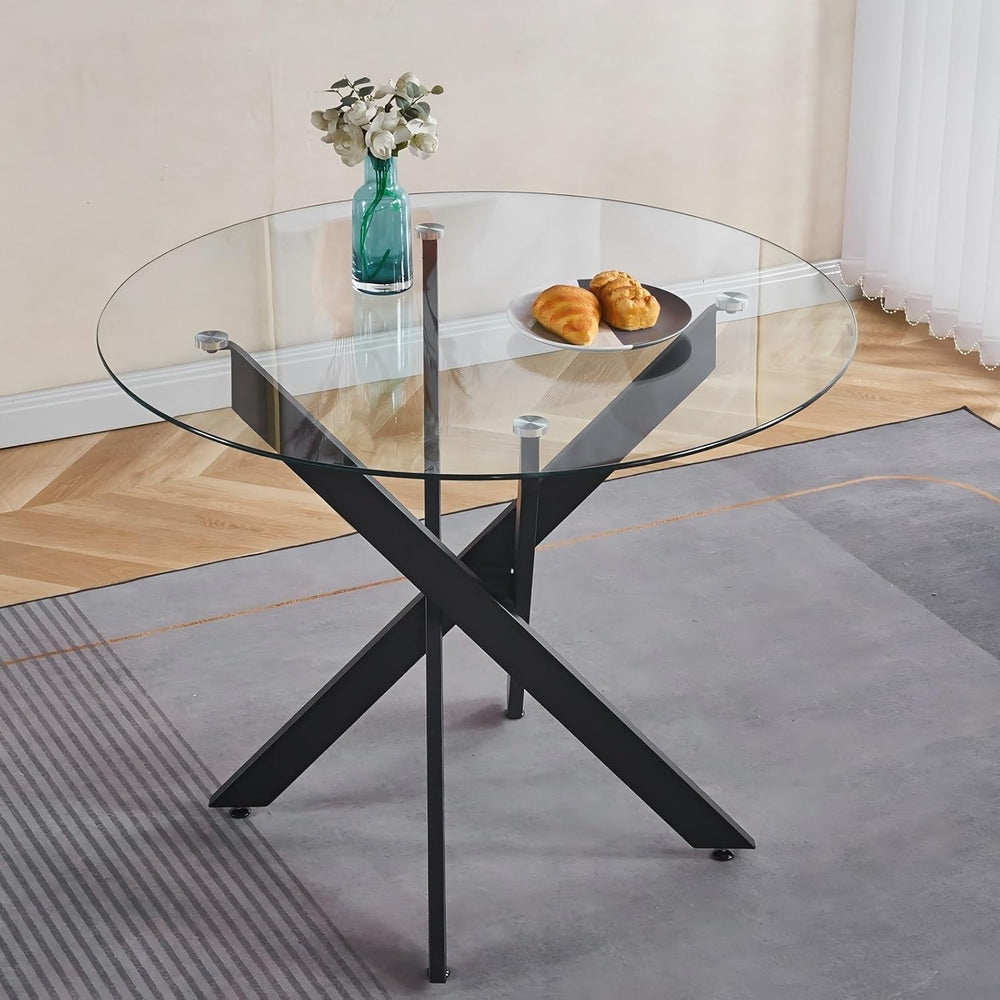 35.4" Round Glass Dining Table with Cross Metal Legs, Modern Small Kitch...