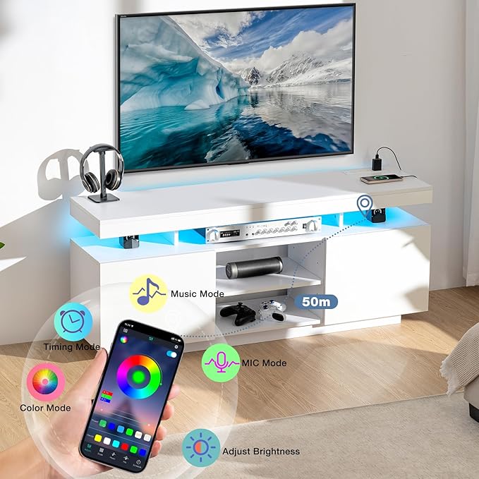 HOMMPA Modern LED TV Stand for 65/60/55 inch TV with Power Outlets, Gaming Console Storage Entertainment Center with LED Lights Game Cabinet for Living Room White