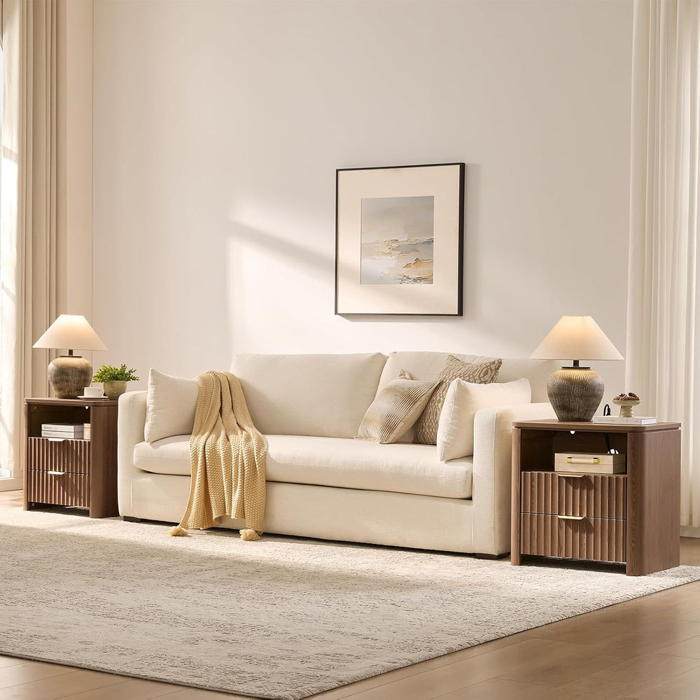 Night Stands Set of 2,Fluted Nightstands with Charging Station- Modern 2 Draw...