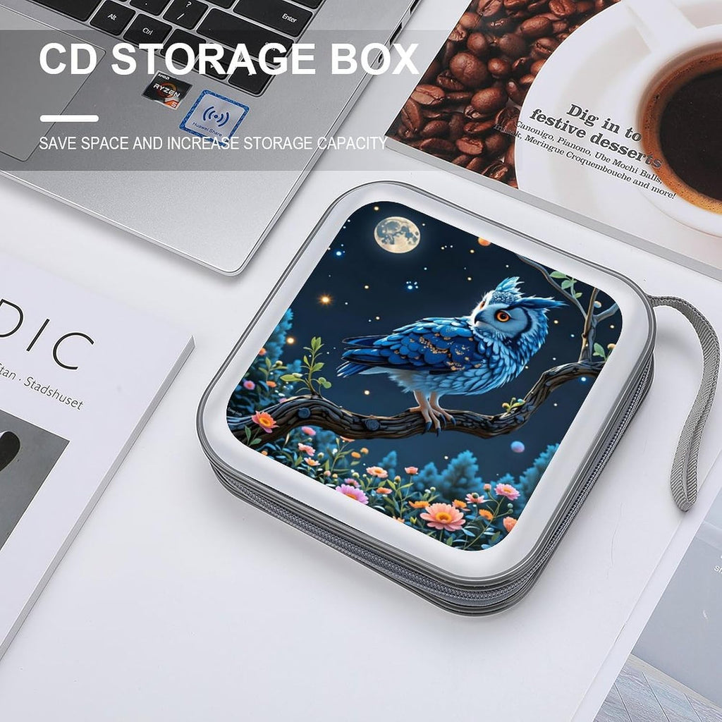 One Enchanted Night Owl CD DVD Case Holder, 40 Disc Storage Wallet with Exclusive Printed Design, Zipper Closure And Handle for Music Movies Games Travel Car