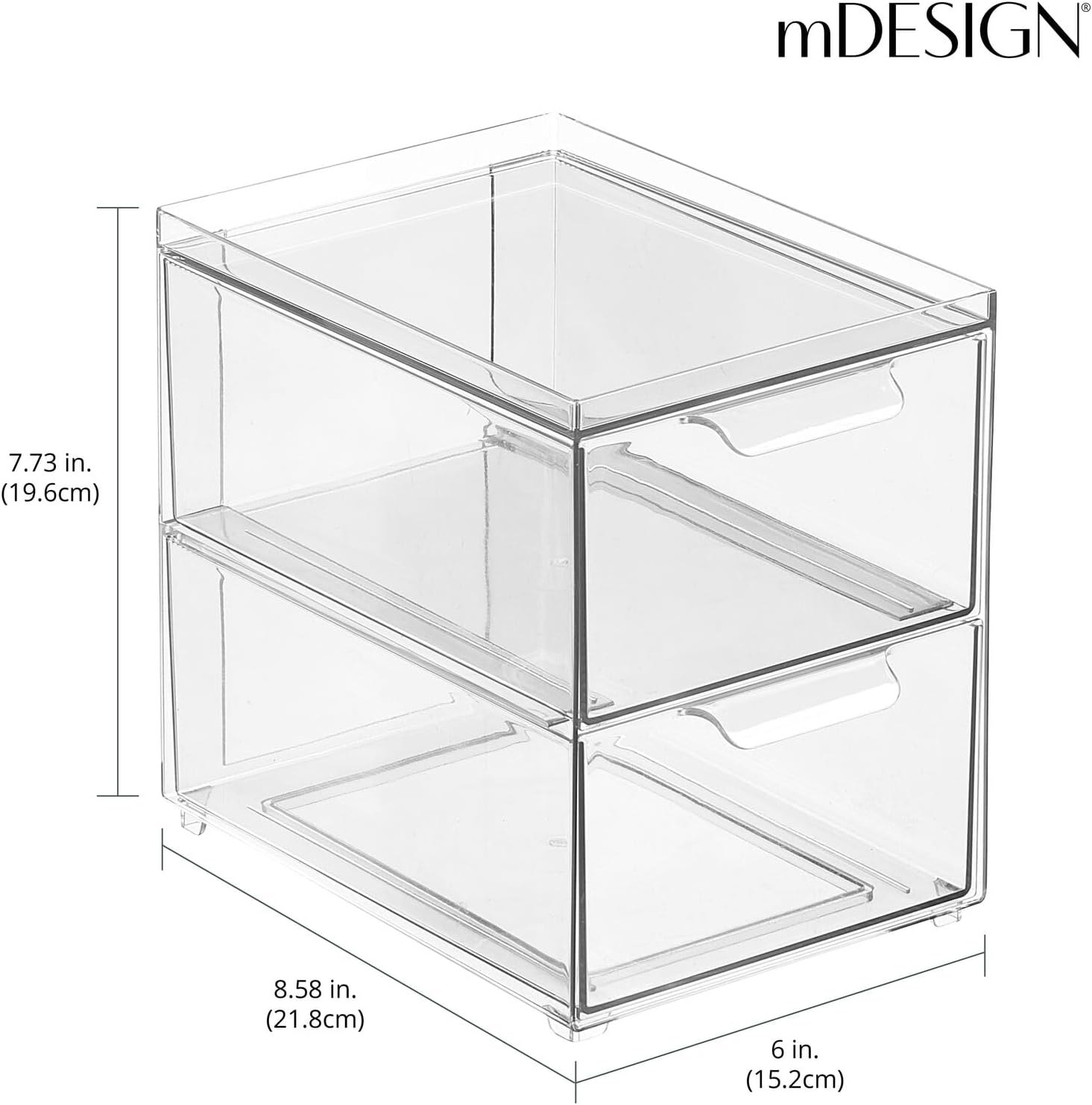 mDesign Stackable Storage Containers Box with 2 Pull-Out Drawers - Stacking Plastic Drawer Bins for Closet Organization, Linen, Coat, Bedroom or Entryway Closets - Lumiere Collection - 2 Pack - Clear