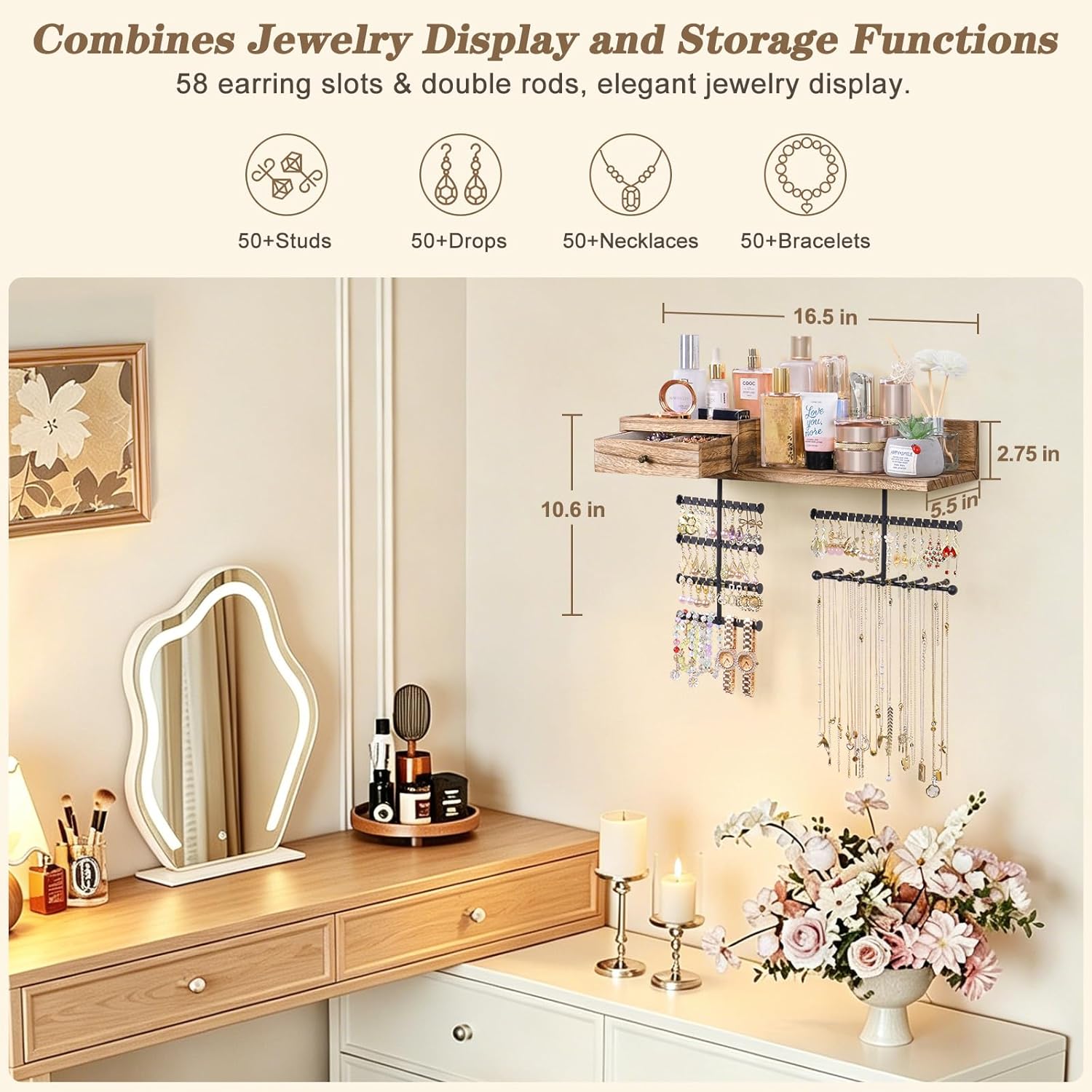 VINAEMO Jewelry Organizer Hanging Wall Mounted Jewelry Holder with Rustic Wood Drawer & Large Capacity Storage Shelf Rack Display for Earrings Rings Necklaces Bracelet