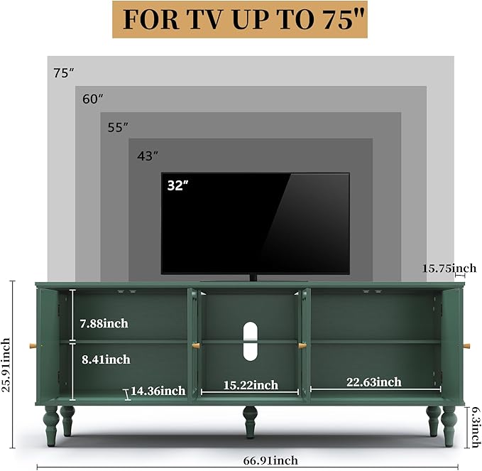 3More 67" Mid Century Modern TV Stand with Window Design,Wood Entertainment Center with Open Shelf,Up to 70" Media TV for Living Room or Bedroom,Green