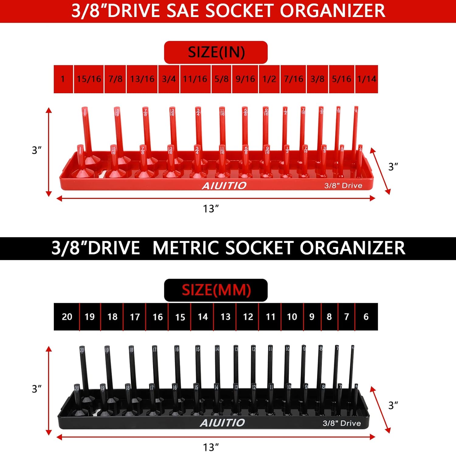 8 Piece Metric & SAE Socket Organizer Tray Set, 1/4-Inch, 3/8-Inch & 1/2-Inch Drive Standard & Deep Socket Holders for Toolboxes, Store 176 Sockets