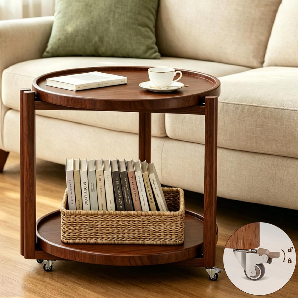 Taitiy Rolling Side Table with Wheels Solid Wood Round End Table with Storage...