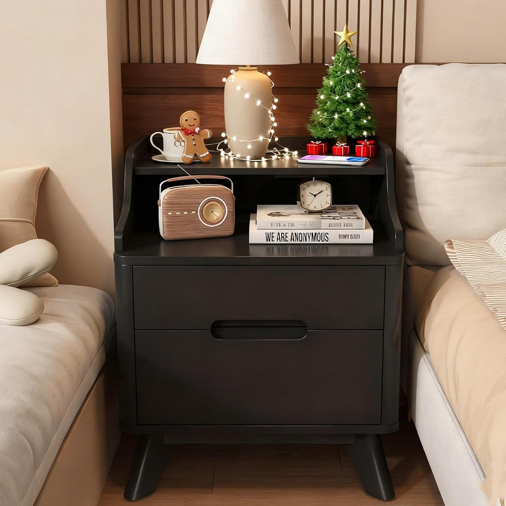 Nightstand with Charging Station, 21" Tall Nightstand w/2 Storage Drawers, Wood Night Stand with Hidden Handle, 17'' Wide Modern Bedside Table for Bedroom,Black