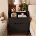 Nightstand with Charging Station, 21" Tall Nightstand w/2 Storage Drawers, Wood Night Stand with Hidden Handle, 17'' Wide Modern Bedside Table for Bedroom,Black