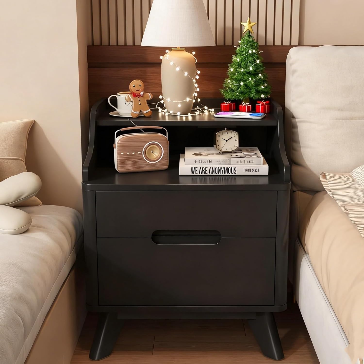 Nightstand with Charging Station, 21" Tall Nightstand w/2 Storage Drawers, Wood Night Stand with Hidden Handle, 17'' Wide Modern Bedside Table for Bedroom,Black