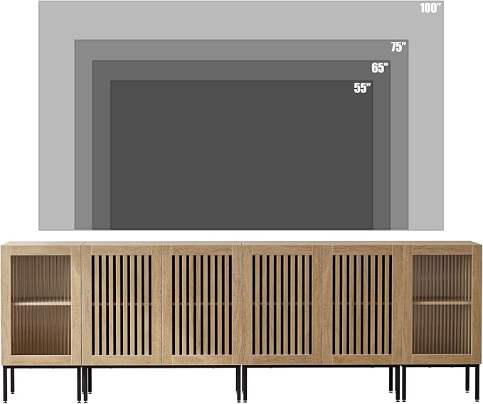 Modern TV Stand for TVs up to 100 Inch, Entertainment Center TV Console with Storage Cabinets and Glass Doors,Media Console for Living Room,Oak