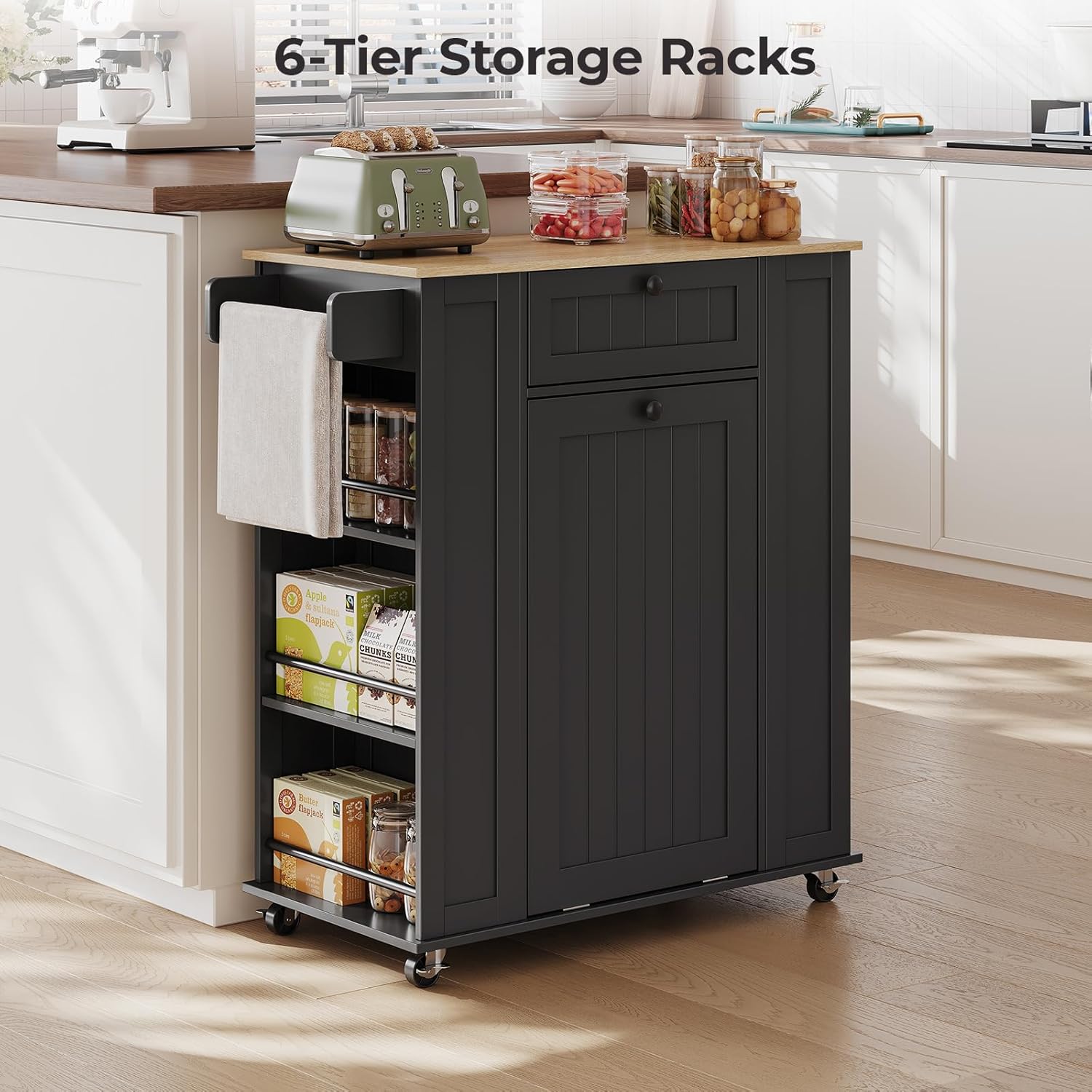 35" Kitchen Island with Trash Cabinet, Portable Rolling Cart with Power Outlet, Storage Drawer, 6-Tier Spice Rack, 4 Locking Casters for Kitchen Dining Living Room, Black
