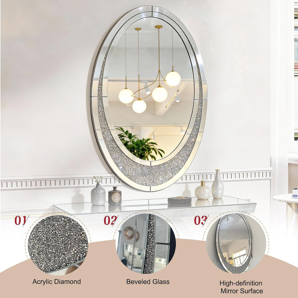 2 Piece Mirrored Console Table & Oval Wall Mirror Set, 39.5" Silver ...