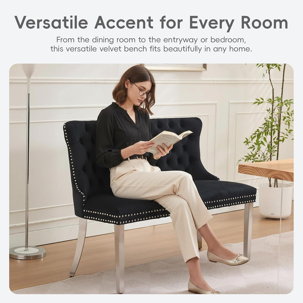 Black Velvet Dining Bench, Tufted Upholstered Dining Loveseat | Wing Back Sea...