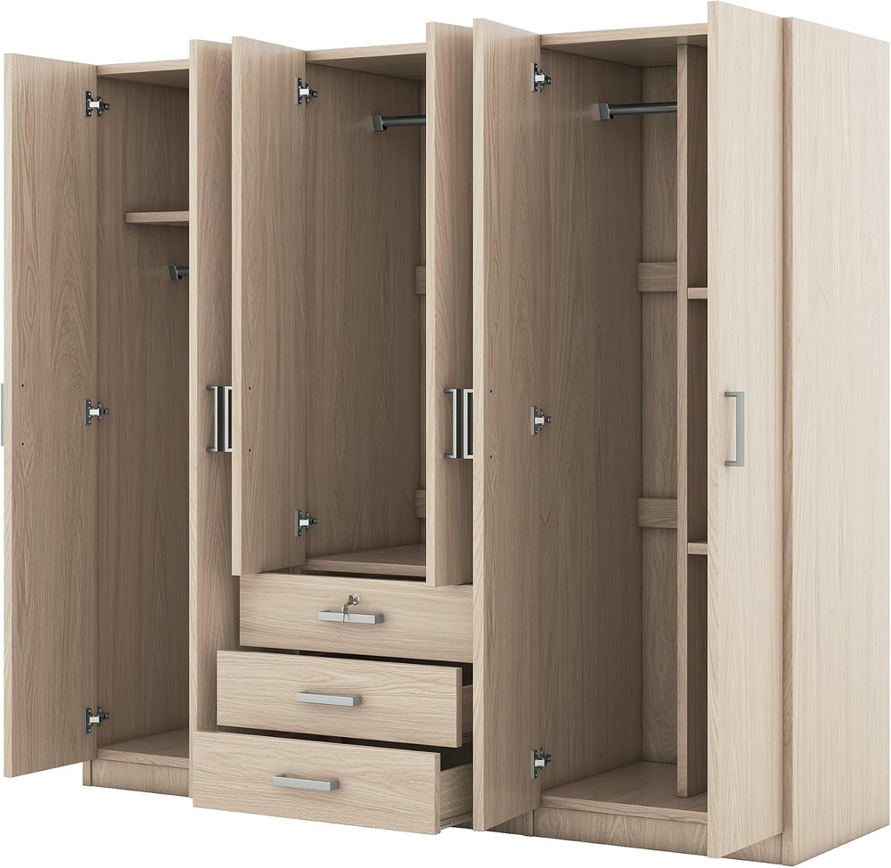 Merax Large 6 Doors Wooden Wardrobe, Bedroom Tall Armoire Closet Organizer wi...