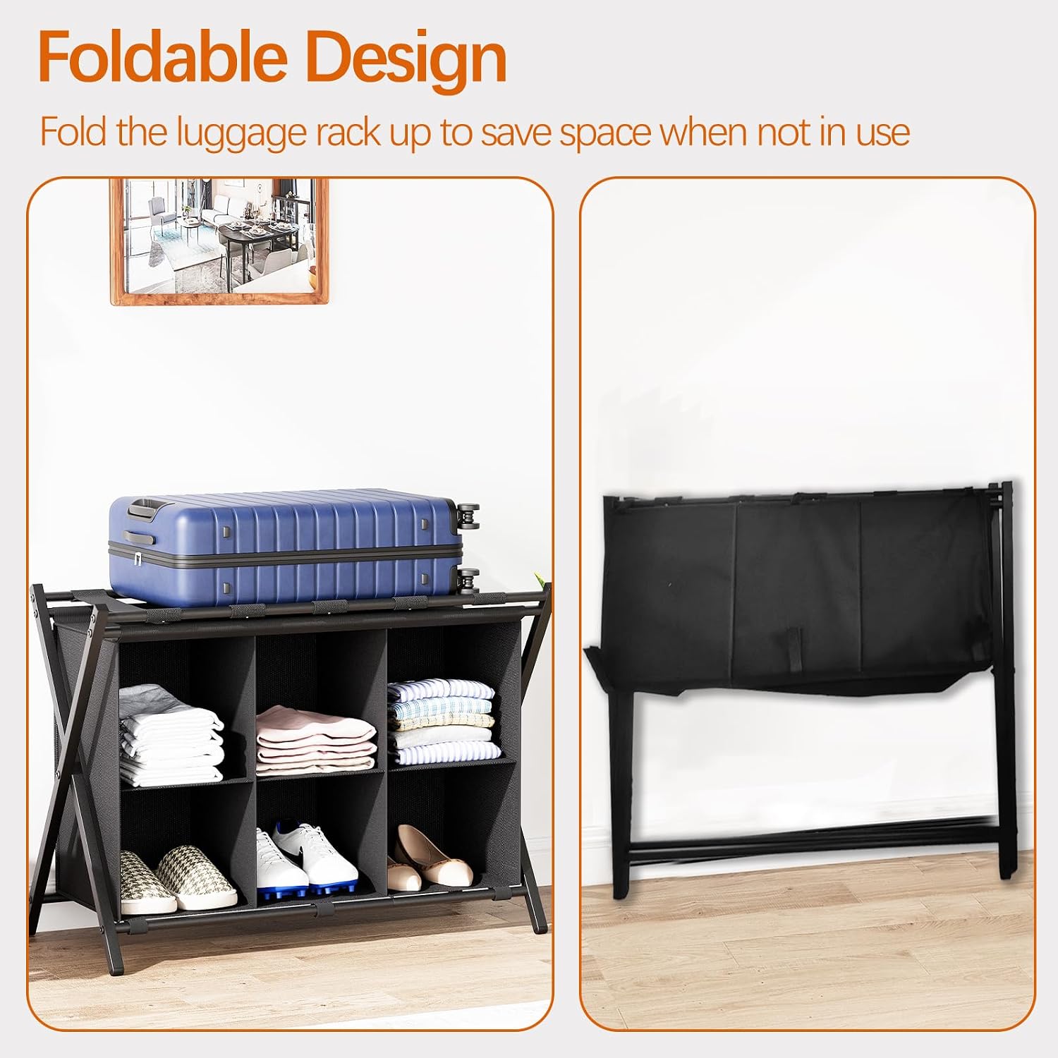 Huhote Luggage Rack for Guest Room, Folding Suitcase Stand with 6-Cube Fabric Storage Shelf, Luggage Holder, Steel Foldable Luggage Stand for Guest Room, Bedroom, Hotel, Black