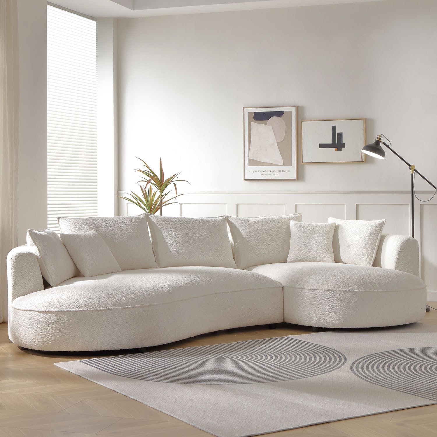 Oversized Curved Sectional Sofa, 125", 5-Seater, Upholstered, Boucle, Cloud | Boucle Upholstered Modular Couch with Chaise, Deep Seat Luxury Cloud Sofa, for Living Room, Apartment, Right Facing, Beige