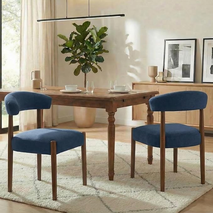 VKNOW Wooden Dining Chairs Set of 2, Modern Upholstered Dining Room Chairs with Walnut Wood Legs and Curved Backrest, Fabric Kitchen Chairs for Farmhouse/Living Room/Dining Room, Blue