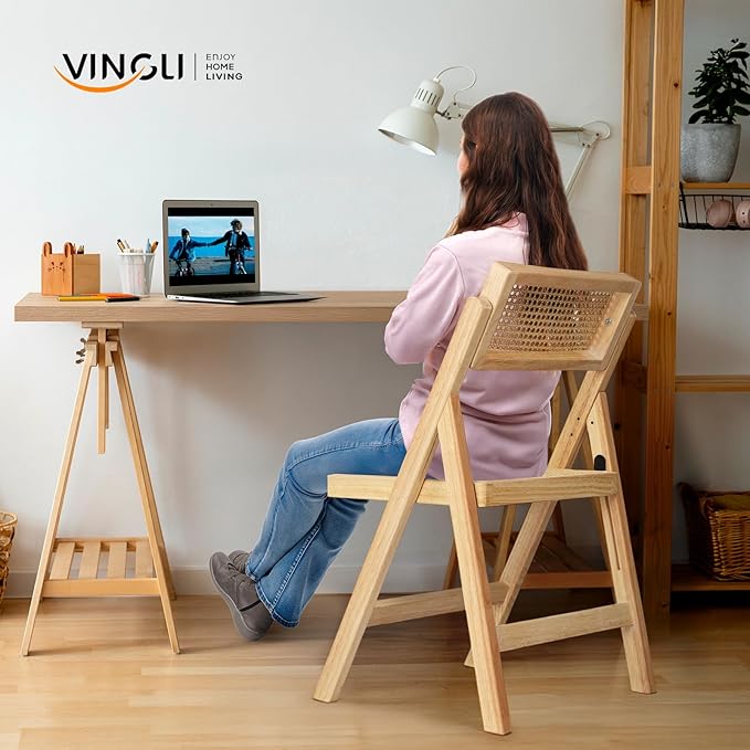 VINGLI 2 Pack Rattan Wooden Folding Chair, Dining Folding Chair with 360° Swivel Backrest, Sturdy Rubberwood Frame and Rattan Woven Seat and Back, Natural Color, Set of 2
