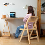 VINGLI 2 Pack Rattan Wooden Folding Chair, Dining Folding Chair with 360° Swivel Backrest, Sturdy Rubberwood Frame and Rattan Woven Seat and Back, Natural Color, Set of 2