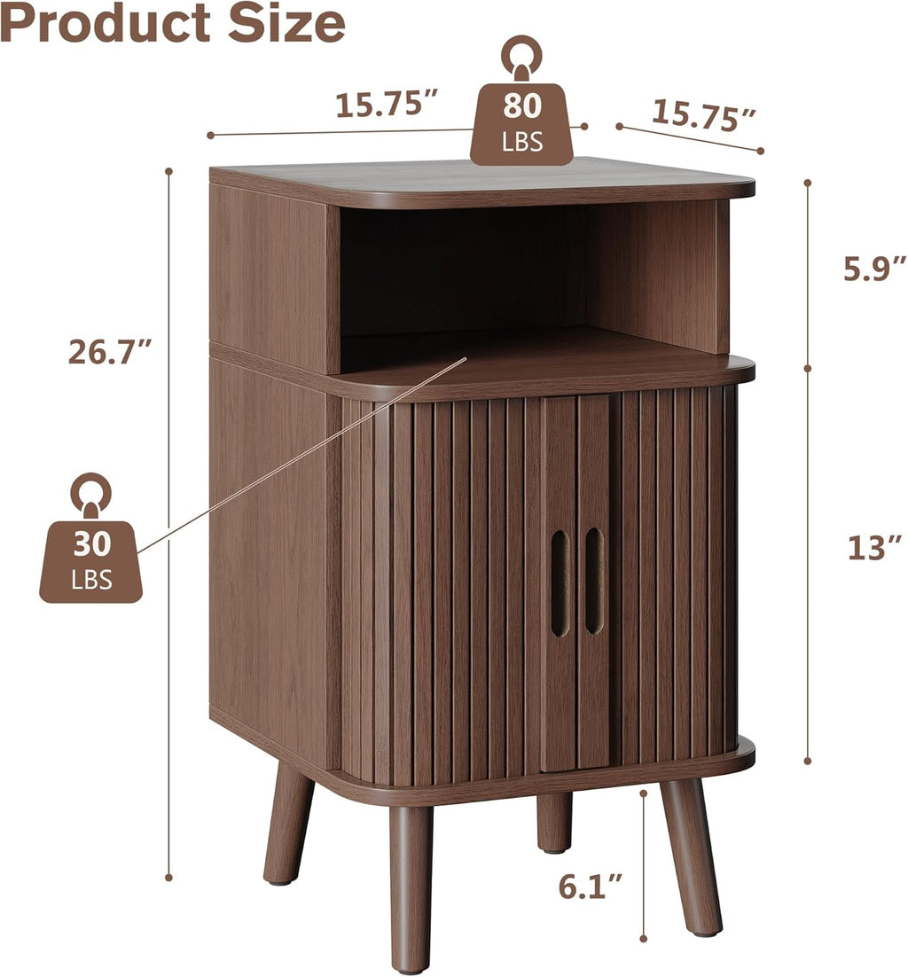 Alohappy Nightstand Set of 2, Mid Century Modern End Table with Storage, Fluted Bedside Table, Wooden Curved Profile Night Stands with Sliding Tambour Door for Bedroom, Living Room, Walnut