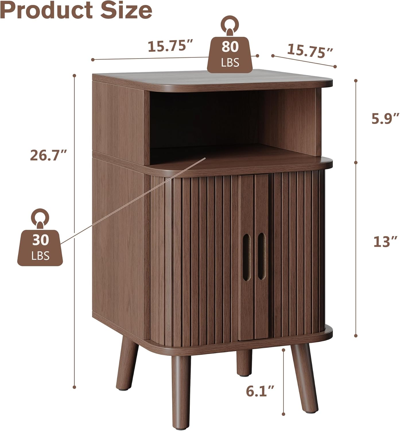 Alohappy Nightstand Set of 2, Mid Century Modern End Table with Storage, Fluted Bedside Table, Wooden Curved Profile Night Stands with Sliding Tambour Door for Bedroom, Living Room, Walnut