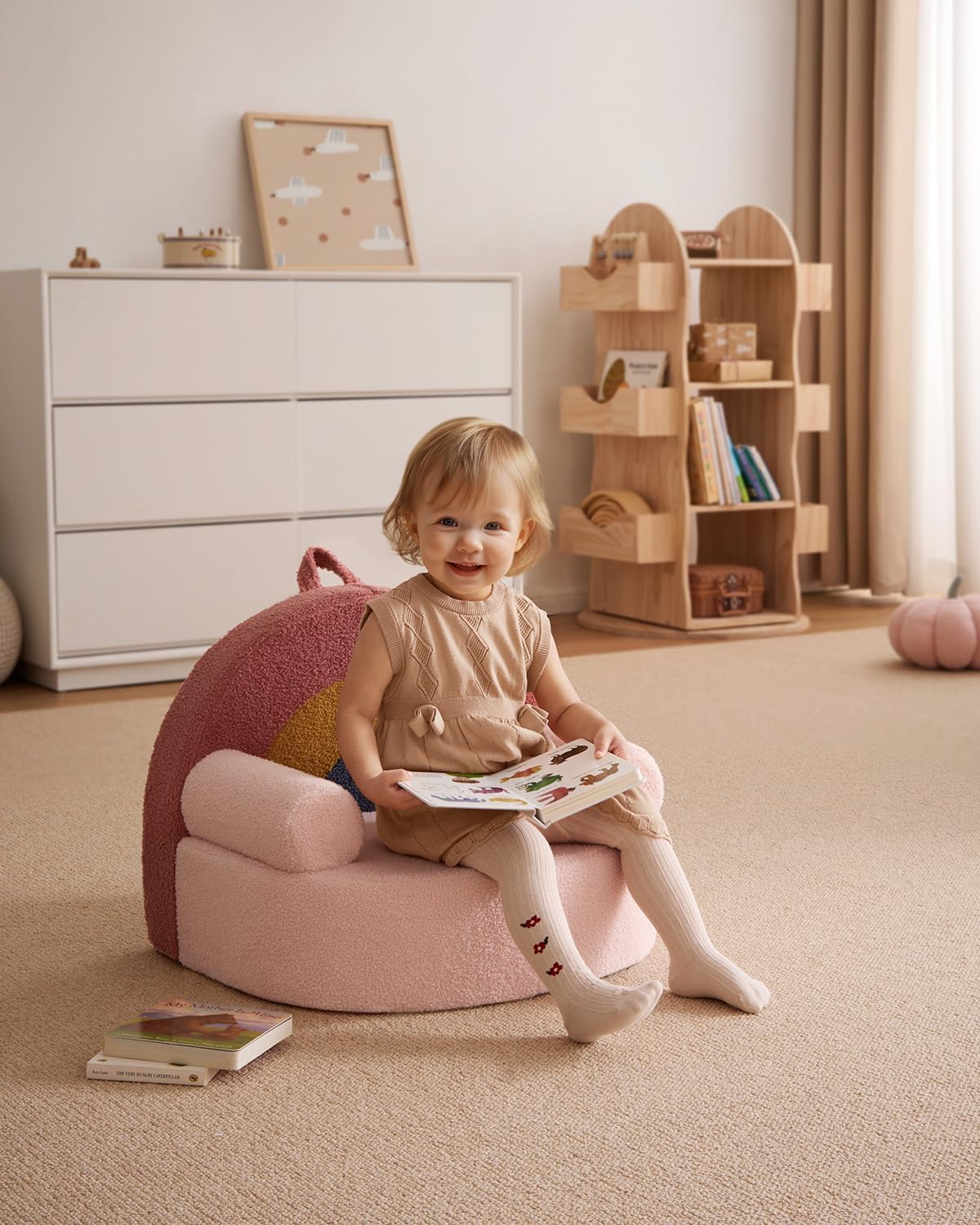 Blissful Diary Kids Chair, Soft Kids Armchair, Comfortable Kids Couch Sofa for Reading Planying, Kids Furniture for Boys and Girls Gift, Blush Pink Rainbow
