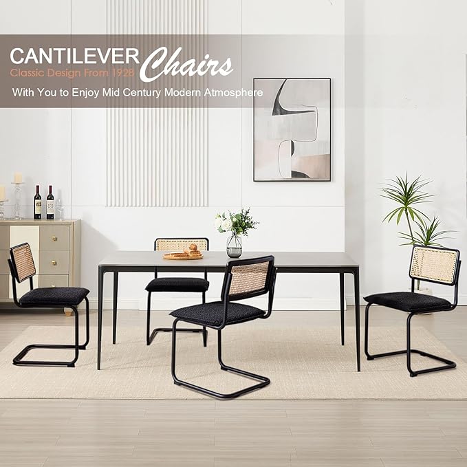 Zesthouse Natural Rattan Dining Chairs Set of 4, Modern Kitchen Chairs with Solid Wood Back for Dining Room Living Room, Mid Century Breuer Design Inspired, Upholstered Boule Fabric, Black