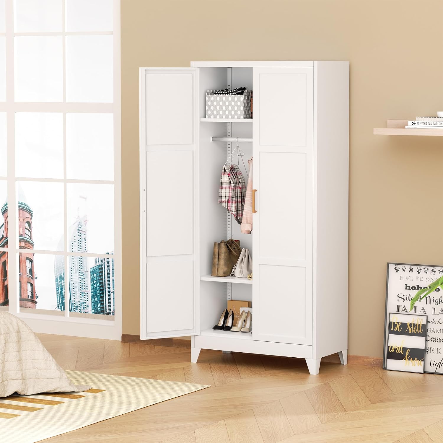 Superday Metal Wardrobe Closet, 72" H Bedroom Armoires with Wooden Handle, Storage Cabinet with Adjustable Shelves and Hanging Rods, Steel Storage Locker Closet for Home, Office, Employee, Gym (White)