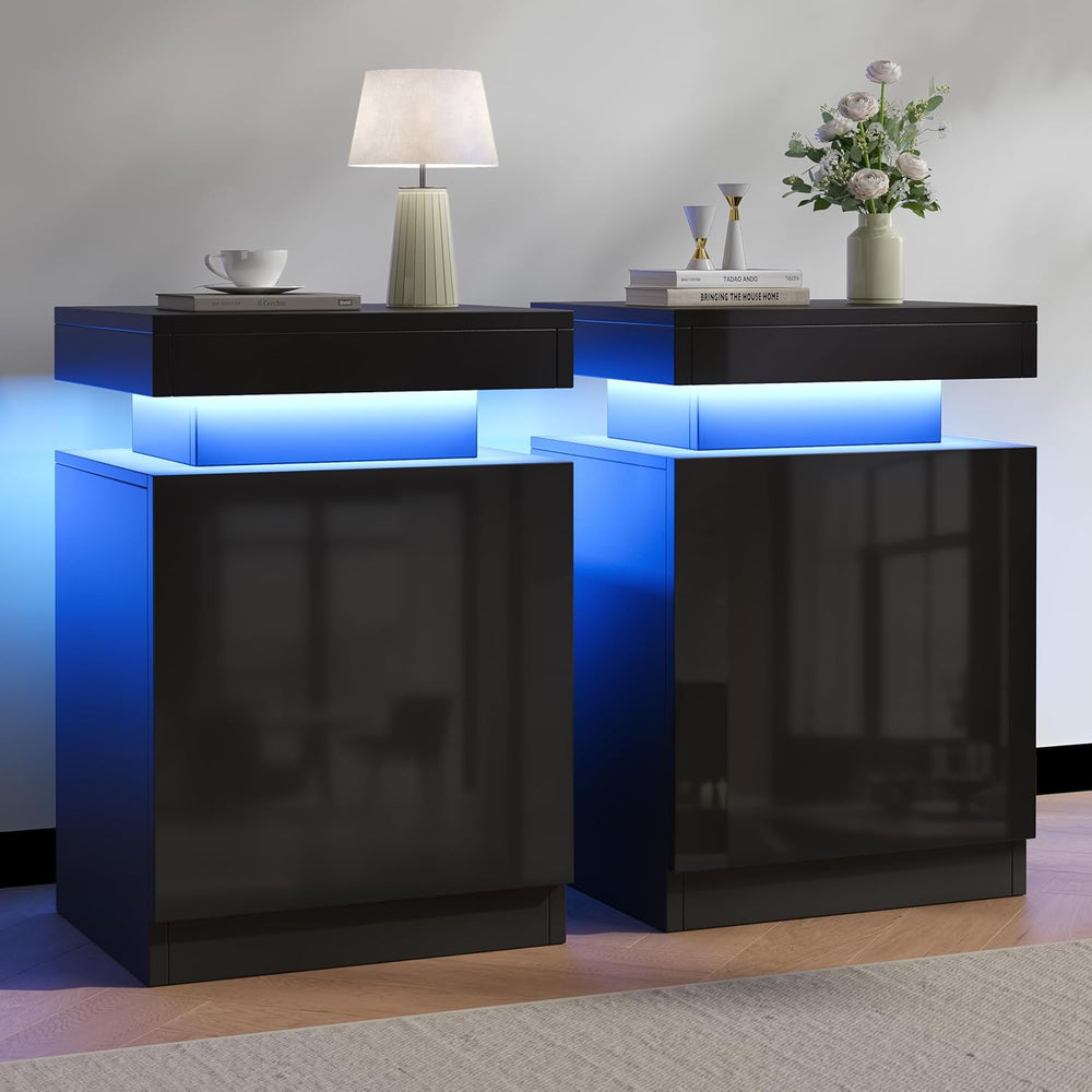 Nightstands Set 2, 15 Inches LED Night Stand Set of 2, Modern Bedside Table w...