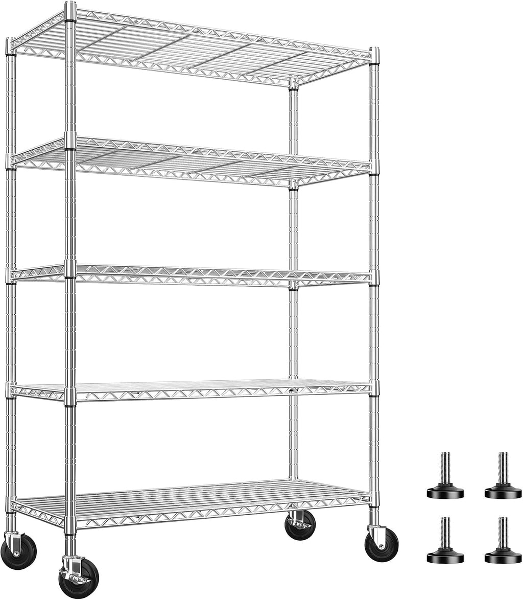 REIBII 72.8" Wire Shelving with Wheels,5 Tier 1653LBS Heavy Duty Shelves | Chrome rolling rack, 331 lbs/shelf, 5-tier, lockable wheels, rust-proof, adjustable height, tool-free, garage, kitchen