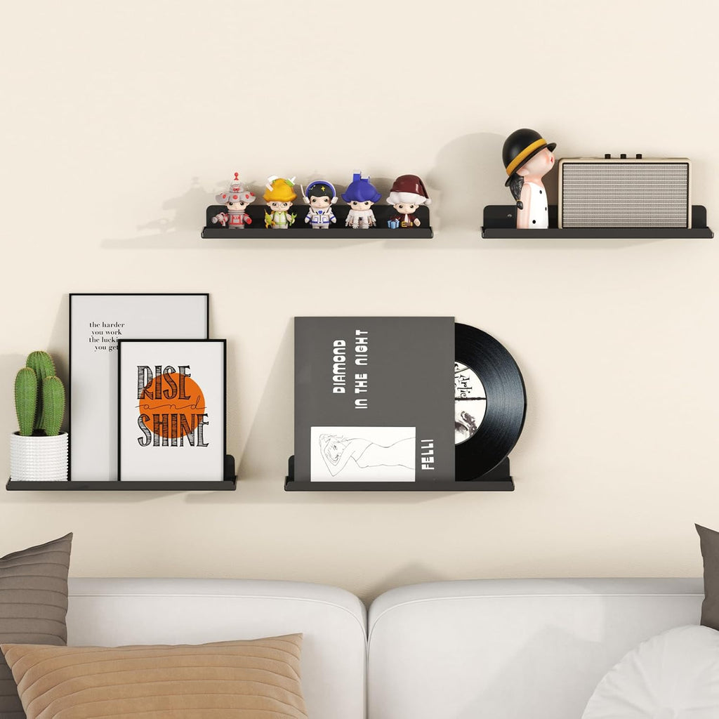 Lifewit Floating Shelves for Wall, 4 Pack Black Acrylic Shelf 15" Room Decor for Bookcase/Vinyl Record Display/Photo/Picture in Bedroom, Living Room, Bathroom, Kitchen Storage and Organization