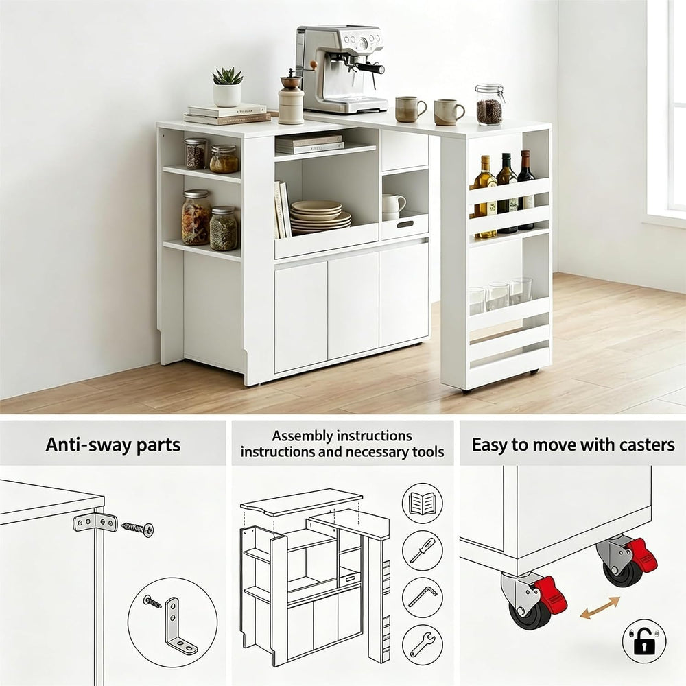 IDEALHOUSE Extendable Kitchen Counter, Microwave Shelf with Drawer & Cabl...